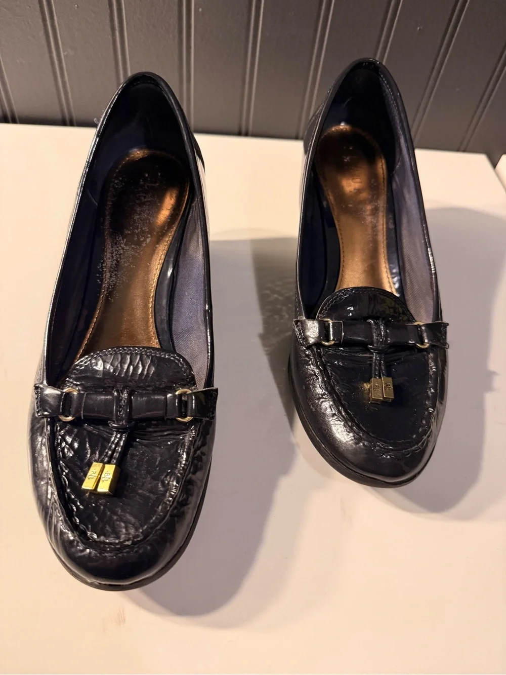 Lauren Ralph Lauren  navy  Patent Leather wedge Loafers with Gold Hardware